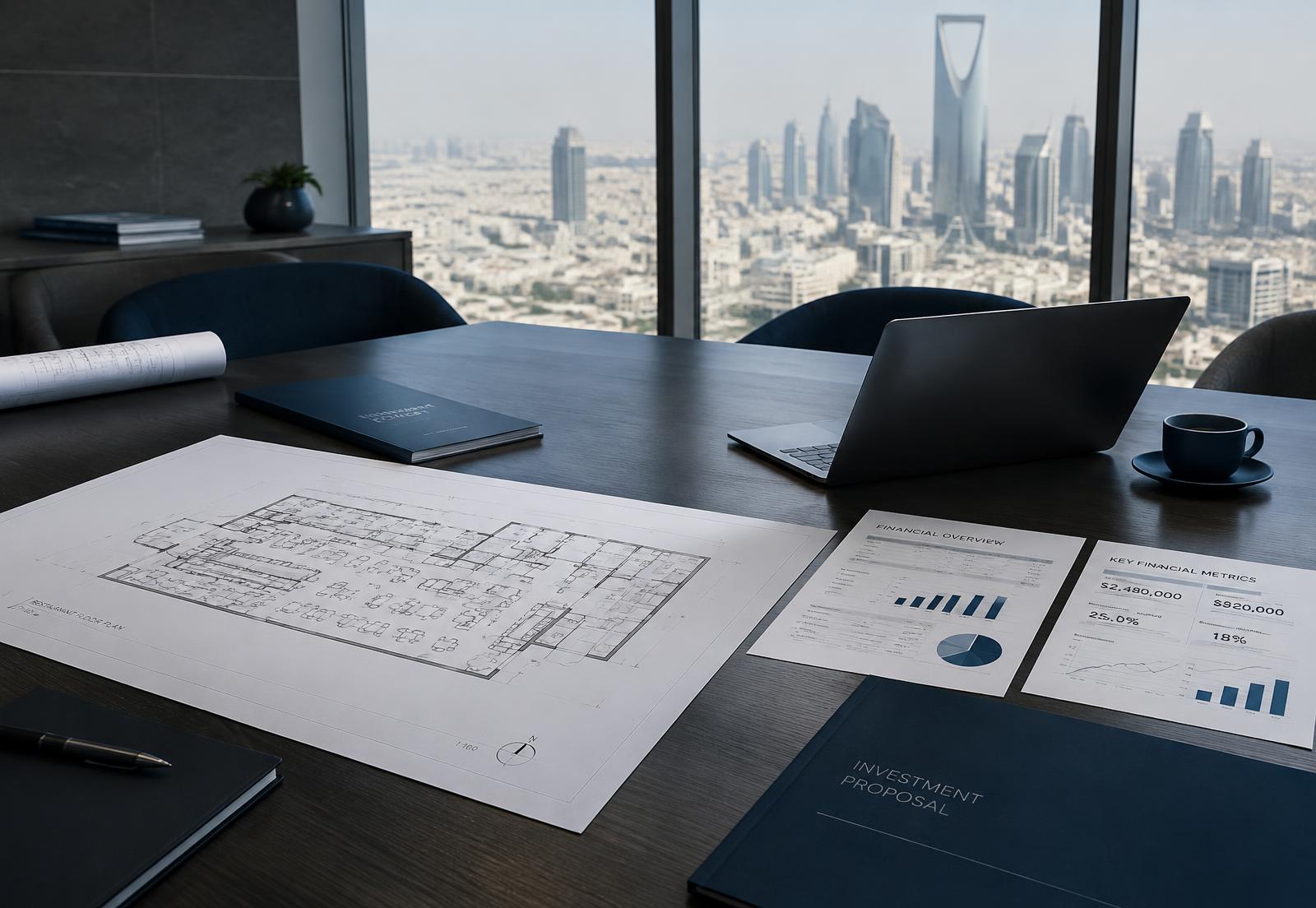 Feasibility documents and floor plans on a boardroom table